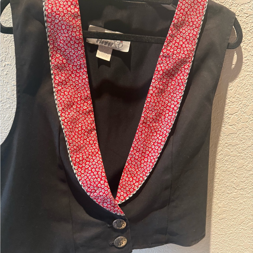Black Vest with Red Floral Trim Vintage Western